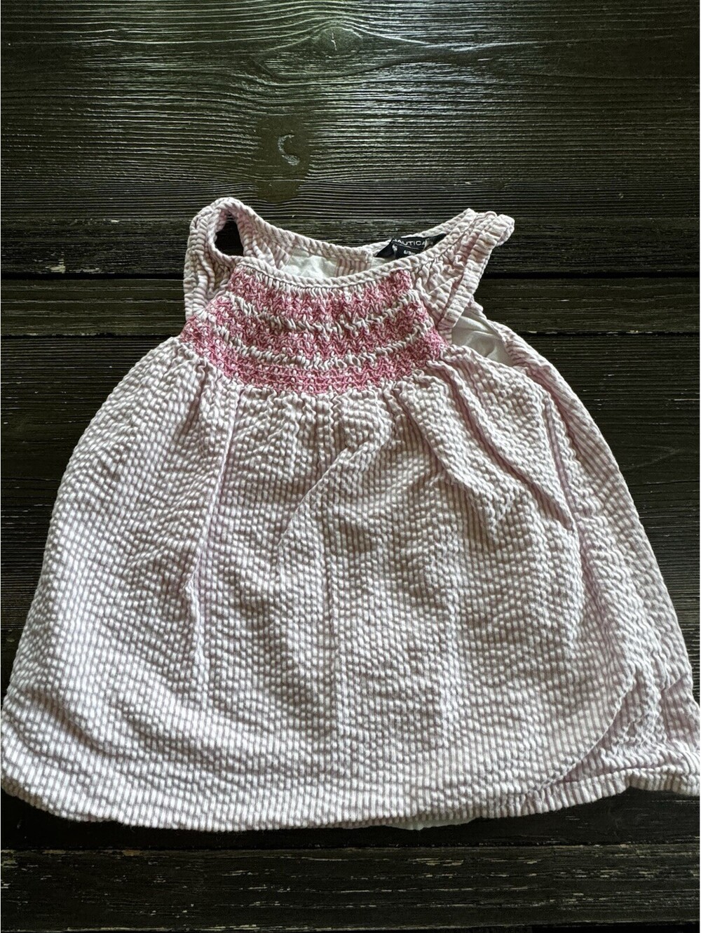 Nautica Baby Girls 6-9M Pink White Seersucker Smocked Sundress Cotto